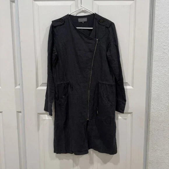 MICHAEL STARS BLACK WATER‎ RESISTENT WOVEN LINEN TRENCH ZIP COAT SIZE S $278 - Picture 3 of 9